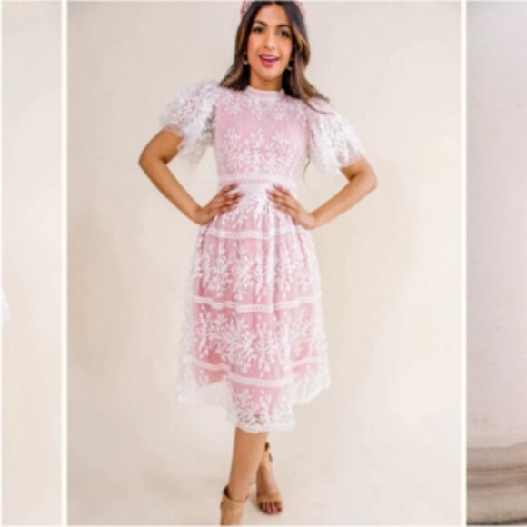 Ivy City Lace Fit & Flare Flutter Sleeve Sicily Formal Dress Pink XL - Picture 1 of 7